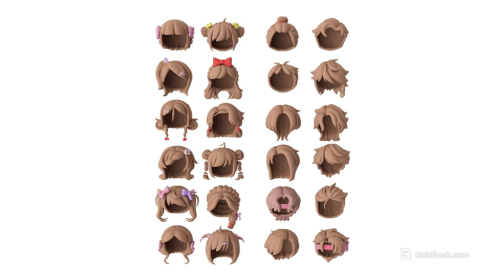 Cartoon Head Models With Various Brown Hairstyles Bowknots Ponytails And Decorative Details 3d model 