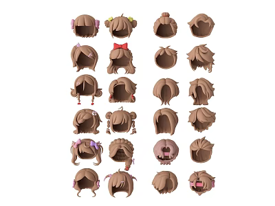 Cartoon Head Models With Various Brown Hairstyles Bowknots Ponytails And Decorative Details 3d model