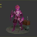 Game Movie Character With Red Hair Armor Shield By Wooden Crate Green Bottle And Stone