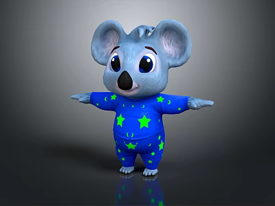 Adorable 3D Koala Character Wearing Blue Onesie With Green Stars And Arms Outstretched 3d model