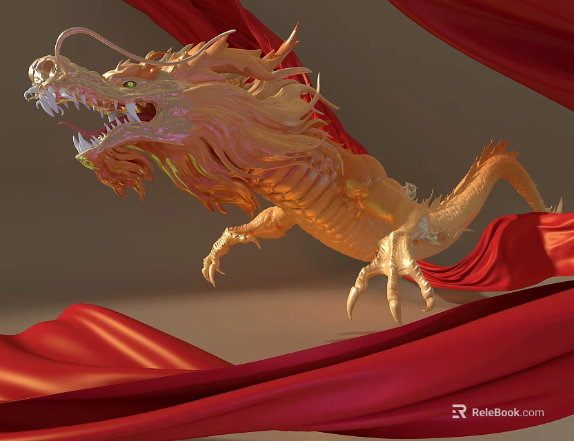 Golden Dragon Sculpture Featuring Intricate Details And Flowing Red Silk 3d model 