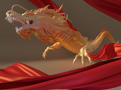 Golden Dragon Sculpture Featuring Intricate Details And Flowing Red Silk 3d model