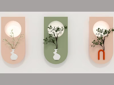Modern Pink Green Wall Decor with Circular Lighting Vase and Leafy Plants 3d model