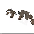 Modern 3D Wooden Scene With Platform Crates Pipes Wall Door And Gray Floor