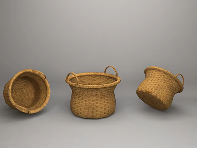 Traditional Handwoven Baskets With Three Different Shapes And Natural Woven Texture 3d model