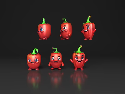 Six Cartoon Red Chili Peppers With Smiling Faces And Arms In Dark Background With Reflections 3d model