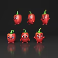 Six Cartoon Red Chili Peppers With Smiling Faces And Arms In Dark Background With Reflections