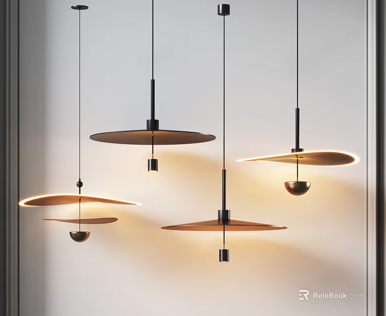 Modern Multiple Pendant Lights With Sleek Wooden Metal Design Hanging In Interior Space 3d model 