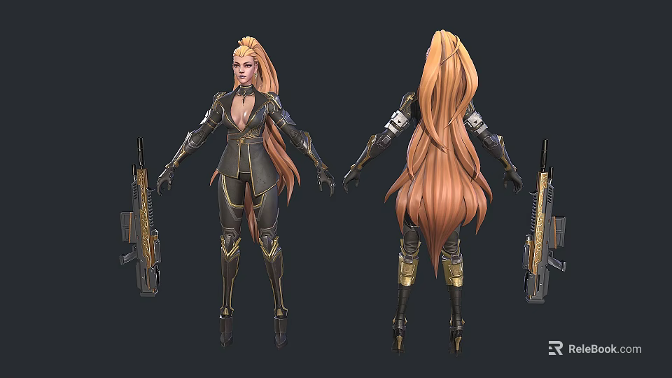 Woman In Futuristic Tech Armor With Long Hair Holding Sci Fi Weapon 3d model 