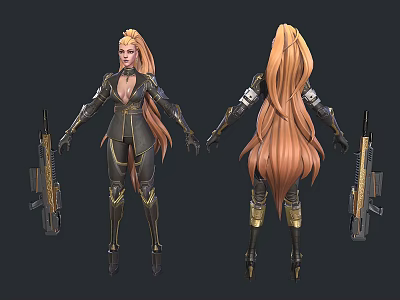 Woman In Futuristic Tech Armor With Long Hair Holding Sci Fi Weapon 3d model