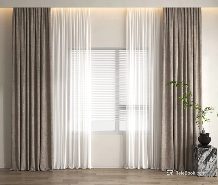 Modern Gray Thick Curtains With White Sheer And Window Blinds Near Potted Plant Decor 3d model 