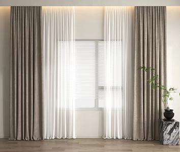 Modern Curtain Window Screen Cloth Curtain Gauze Curtain Venetian Curtain Plain Color Solid Color Curtain Green Plant Potted Plant 3d model