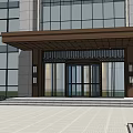 Modern Commercial Building Main Entrance With Glass Doors Brown Awning Tiled Pavement And Glass Windows