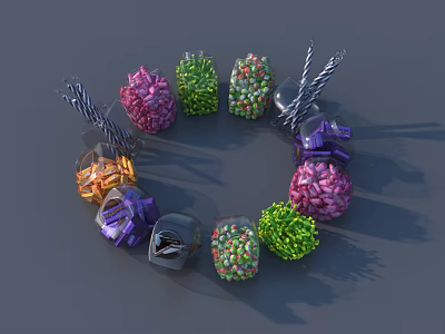 Colorful Candy in Glass Jars Arranged in Circle with Bow Decorations 3d model