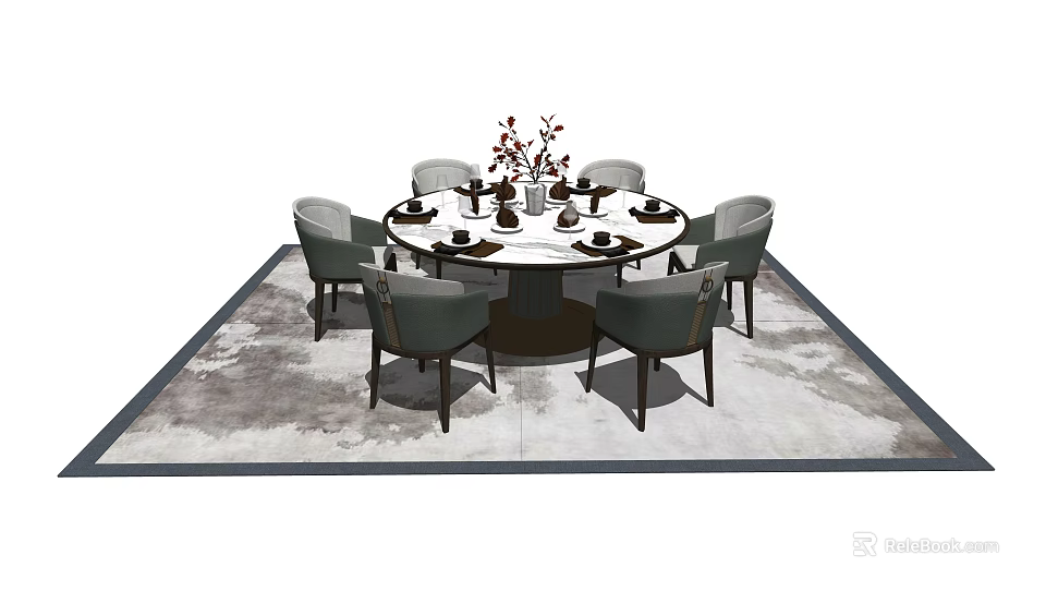 Modern Round Dining Table Set With Six Chairs Vase Tableware And Area Rug 3d model