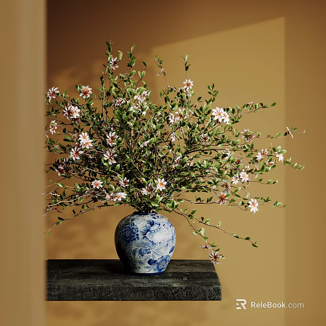 Blue And White Vase With White Flowers Green Leaves On Dark Table Against Warm Yellow Wall 3d model 