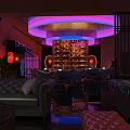Stylish Modern Bar Lounge Interior With Illuminated Wine Racks And Plush Sofa