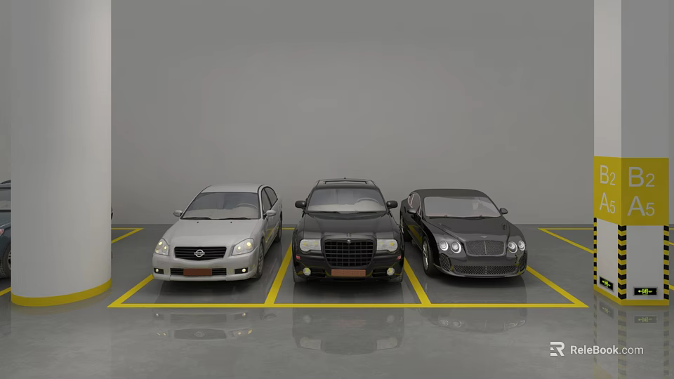 Indoor Parking Lot With Three Parked Cars And Yellow Parking Lines 3d model 