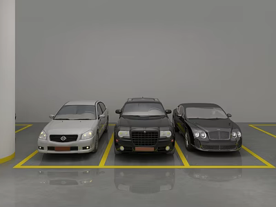 Indoor Parking Lot With Three Parked Cars And Yellow Parking Lines 3d model