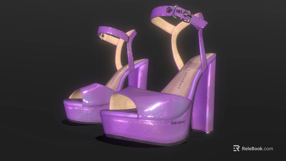 Purple High Heel Sandals With Block Heel Platform Sole And Ankle Strap Metallic Buckle 3d model 