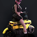 A woman sitting on yellow motor scooter wearing pink helmet and black vest