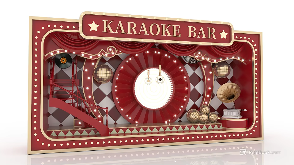 Karaoke Bar Window Display With Red Gold Decor Stage Gramophone And Lighting 3d model 