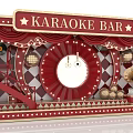 Karaoke Bar Window Display With Red Gold Decor Stage Gramophone And Lighting