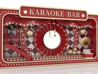 Karaoke Bar Window Display With Red Gold Decor Stage Gramophone And Lighting 3d model