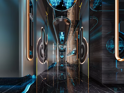 Modern Hi Tech KTV Corridor With Lighting Mirrored Surfaces And Metallic Decor 3d model