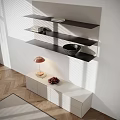 Modern Minimalist Decorative Cabinet With Floating Shelves Table Lamp Fruit Decor Rug And Wood Floor