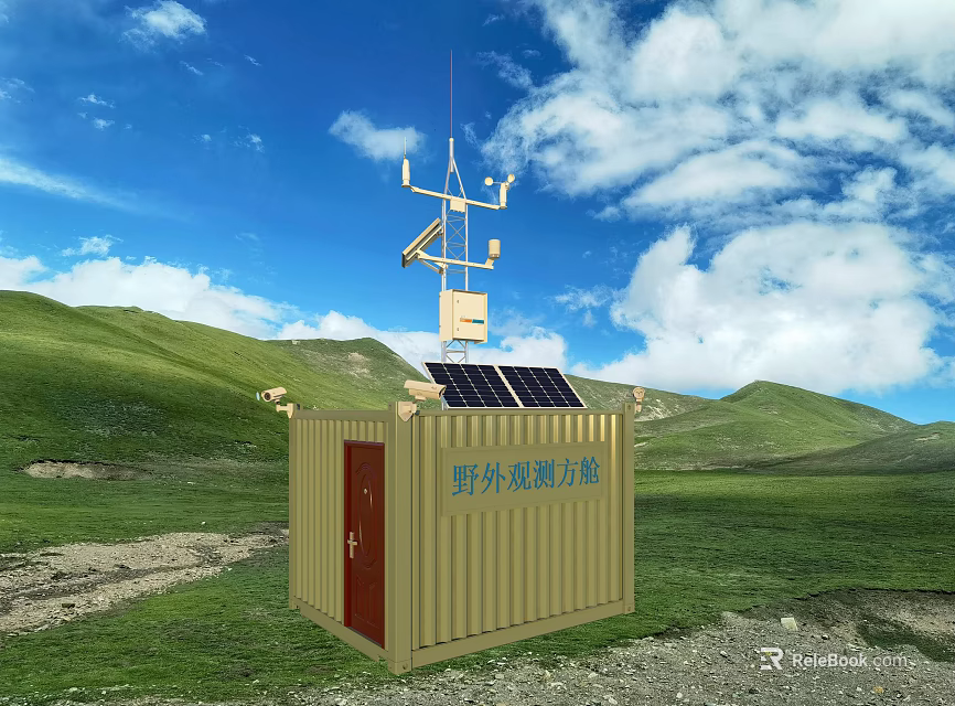 Scenic Mountain Landscape Green Grassland Field Observation Cabin Solar Panels Under Blue Sky White Clouds 3d model 