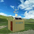 Scenic Mountain Landscape Green Grassland Field Observation Cabin Solar Panels Under Blue Sky White Clouds