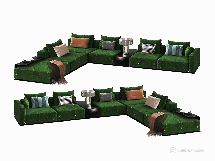 Green Sectional Multi Person Sofa With Multiple Cushions And Side Table Lamp 3d model
