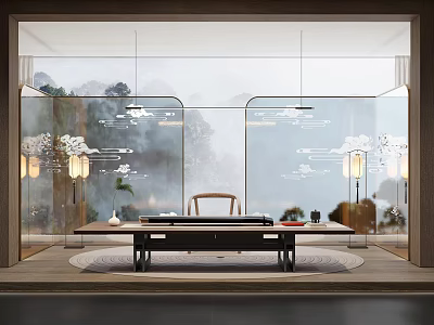 Chinese Style Leisure Room With Landscape Decor Long Table And Floor Lamps 3d model