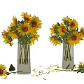 Fresh Bright Sunflowers in Green Glass Vases with Scattered Petals and Leaves