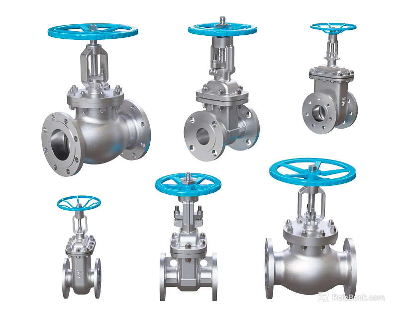 Industrial Valves With Silver Metal Body And Blue Handles Various Designs 3d model 
