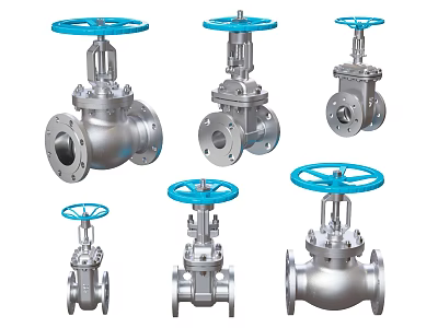 Industrial Valves With Silver Metal Body And Blue Handles Various Designs 3d model