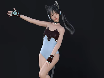 Cute Game Anime Character With Cat Ears Tail Blue White Bodysuit And Headphones 3d model