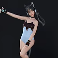 Cute Game Anime Character With Cat Ears Tail Blue White Bodysuit And Headphones