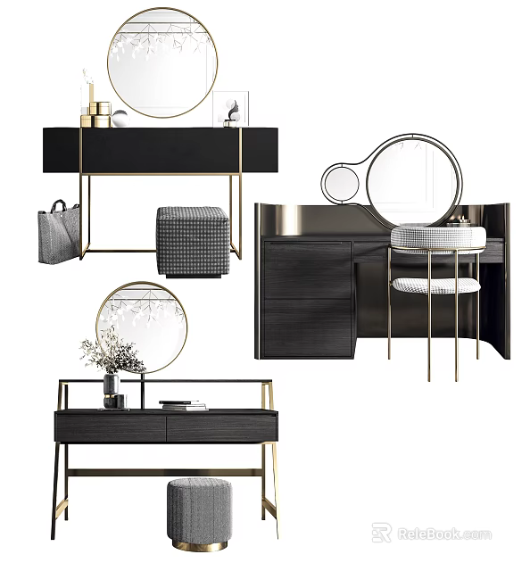 Modern Dressing Table Design With Round Mirror Gold Frame And Stool 3d model 