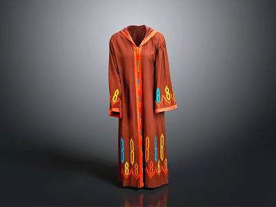 Brown Hooded Robe With Colorful Embroidery On Cuffs And Hem Long Sleeves 3d model