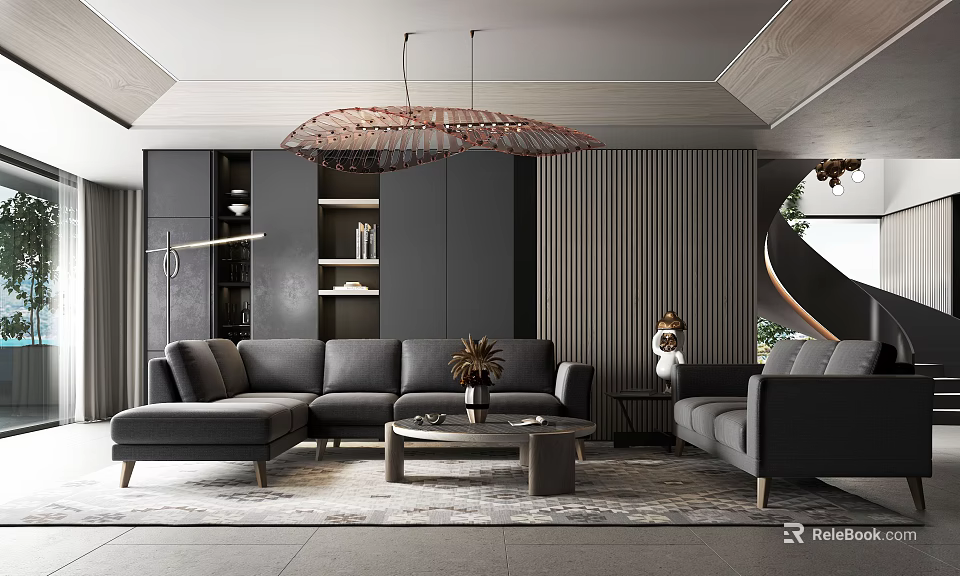 Modern Living Room Interior Design With Gray Sofas Coffee Table Pendant Light And Dark Cabinets 3d model