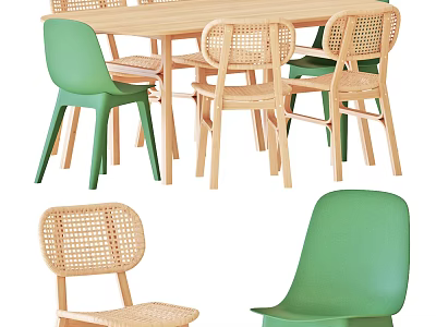 Light Wooden Dining Table Set With Green Plastic Chairs And Rattan Backrest Seats 3d model