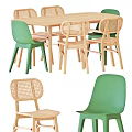Light Wooden Dining Table Set With Green Plastic Chairs And Rattan Backrest Seats