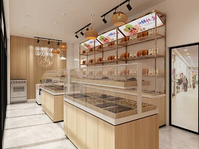 Modern Mall Pastry Shop Interior With Glass Display Cases Wooden Shelves And Pendant Lights 3d model