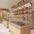 Modern Mall Pastry Shop Interior With Glass Display Cases Wooden Shelves And Pendant Lights