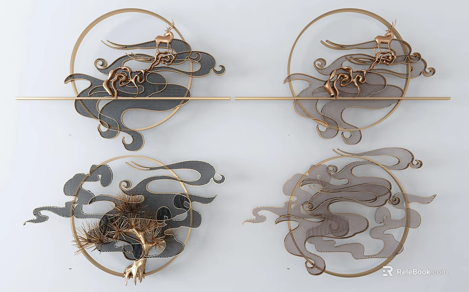 Traditional Chinese Circular Metallic Wall Decor With Crane Deer And Cloud Patterns 3d model