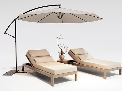 Outdoor Lounge Chairs with Wooden Frame Beige Cushions Patio Umbrella and Decorative Vase 3d model