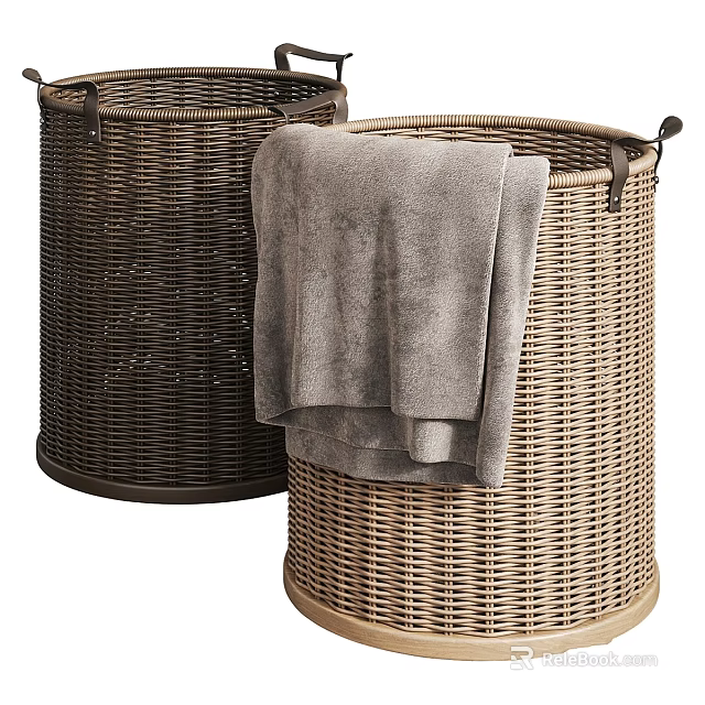 Natural Wicker Laundry Baskets With Gray Towels For Home Laundry Organization Supplies 3d model 