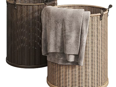 Natural Wicker Laundry Baskets With Gray Towels For Home Laundry Organization Supplies 3d model